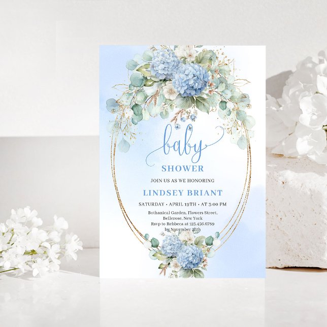 Chic Timeless Bohemian Blue Hydrangeas Baby Shower Invitation (Timeless Bohemian Blue Hydrangeas Baby Shower Invite)