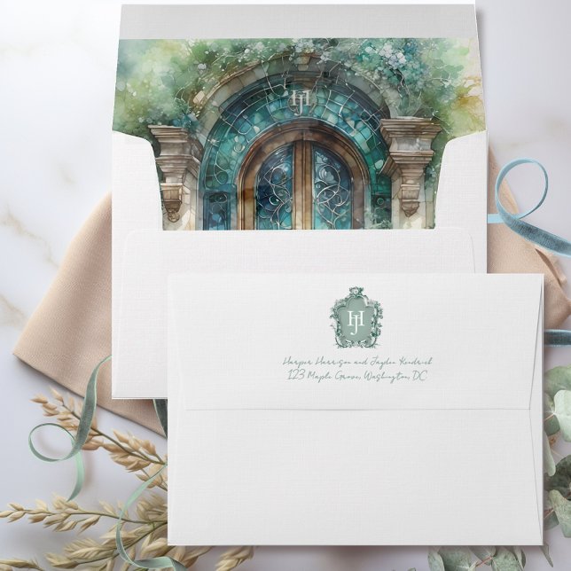 Chic Timeless Green, Blue, Teal Wedding Monogram Envelope (Creator Uploaded)