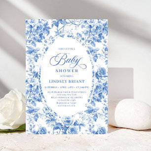 Chic Timeless Royal Blue Toile de Jouy Baby Shower Invitation