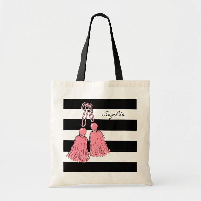 CHIC TOTE_29 PINK TASSELS_BLACK STRIPES TOTE BAG (Front)
