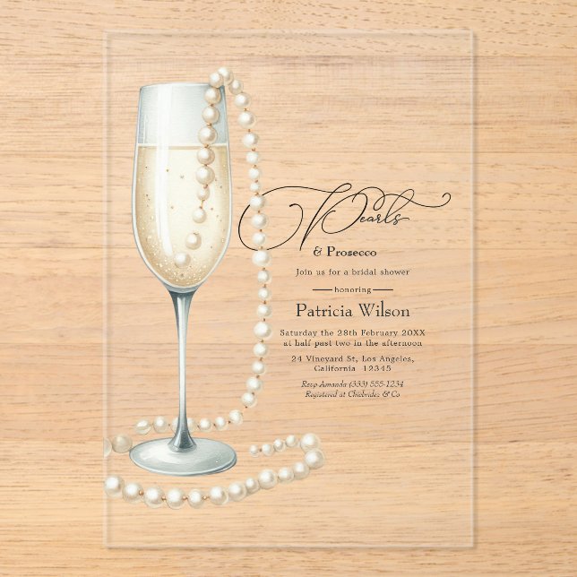Chic Transparent Pearls and Prosecco Bridal Shower Acrylic Invitations (Front)