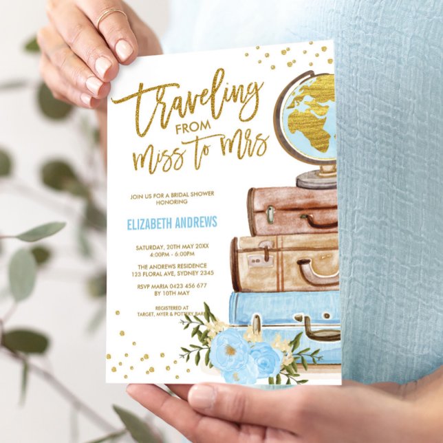 Chic Travelling Miss to Mrs Blue Gold Bridal Showe Invitation (Creator Uploaded)
