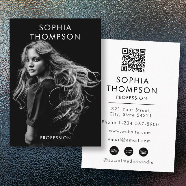 Chic Trendy Black White Professional Photo QR Code Business Card (Chic Trendy Black White Professional Photo QR Code Business Card)
