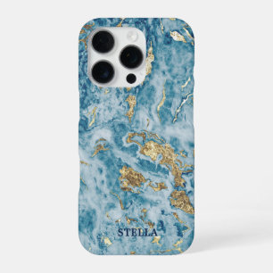 Chic Trendy Blue Gold Texture Personalised iPhone 16 Pro Case