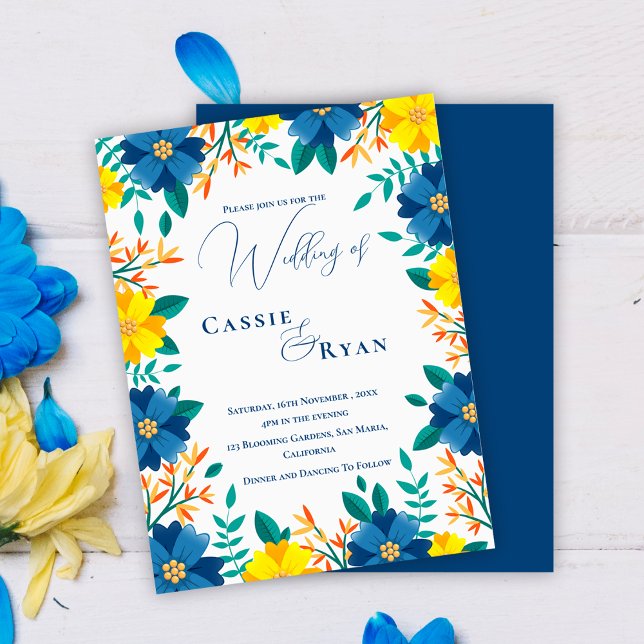 Chic Trendy Blue Yellow Floral Wedding Invitation Postcard (Chic Trendy Blue Yellow Floral Wedding Invitation Postcard)