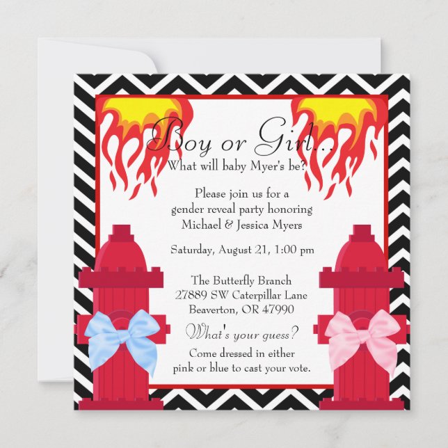 Chic Trendy Fire Fighter Chevron Gender Reveal Invitation (Front)