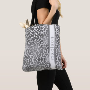 Chic Trendy Grey Cheetah Animal Print Monogram Tote Bag