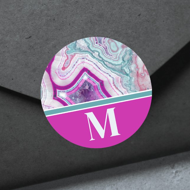Chic Trendy Modern Initial Monogram Classic Round Sticker (Chic Modern Teal Pink Agate Stone Initial Monogram Classic Round Sticker)