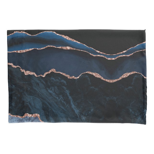 Chic Trendy Navy Blue Agate Rose Gold Glitter Pillowcase (Front)