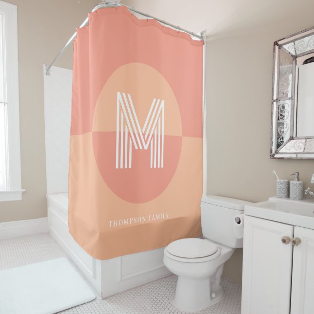 Chic Trendy Peach Pink Geometric Modern Monogram Shower Curtain (In Situ)