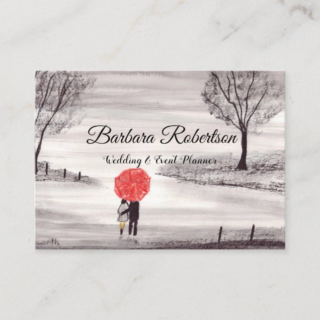 Chic trendy Red Umbrella Love couple Wedding Business Card (Front)