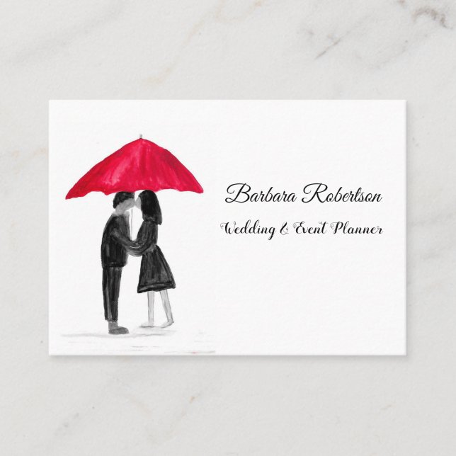 Chic trendy Red Umbrella Love couple Wedding  Business Card (Front)