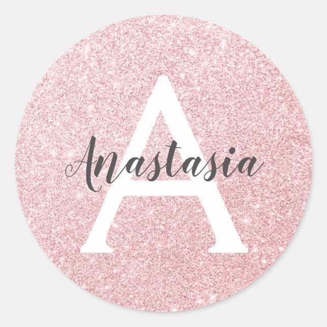 Chic & Trendy Rose Gold Glitter Sparkles Monogram Classic Round Sticker (Front)