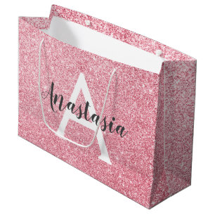 Chic & Trendy Rose Gold Glitter Sparkles Monogram Large Gift Bag