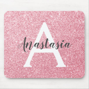Chic & Trendy Rose Gold Glitter Sparkles Monogram Mouse Pad