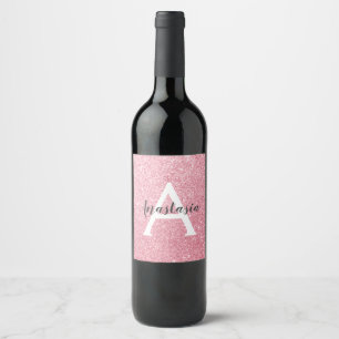 Chic & Trendy Rose Gold Glitter Sparkles Monogram Wine Label