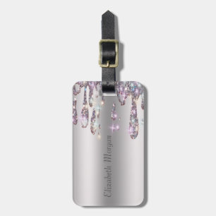 Chic Trendy, Stripe Silver Glitter Drips Luggage Tag