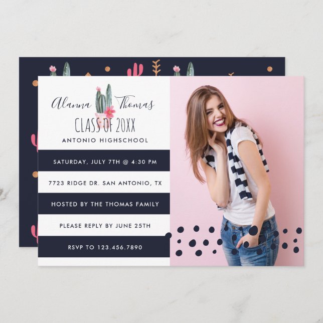 Chic Trendy Watercolor Cactus Plant Grad Invite (Front/Back)