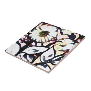 Chic Trendy White + Pink Artsy Flowers Tile