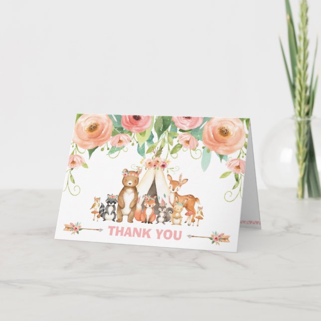 Chic Tribal Woodland Animals Baby Shower Birthday Thank You Card (Front)