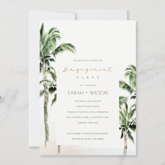 Chic Tropical Beach Palm Trees Engagement Invite (Front)