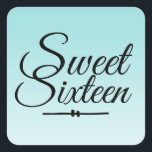 Chic Tropical Blue Ombre Sweet 16 16th Birthday Square Sticker<br><div class="desc">A chic tropical blue ombre design Sweet 16 birthday envelope seal to seal your invitation envelopes or 16th birthday party favours. The bright sea shell blue fades onto a white background. The text "Sweet Sixteen" in black is set in modern script. Elegant 16th birthday party stickers for a glamourous Sweet...</div>