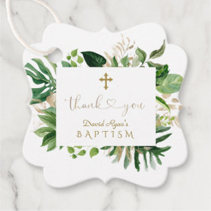 Chic Tropical Foliage Thank You Script Boy Baptism Favour Tags