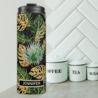 Chic Tropical Green Palm Leaves Gold Glitter Name