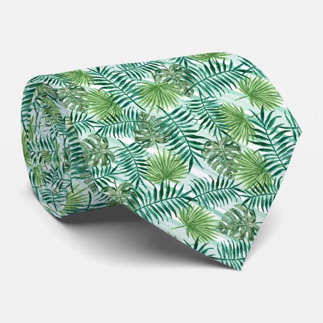 Chic Tropical Green Palm Tree Leaves Summer Art Tie (Rolled)