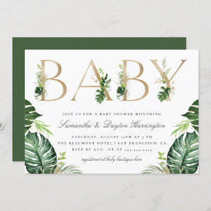 Chic Tropical Greenery Gold Typography Baby Shower Invitation
