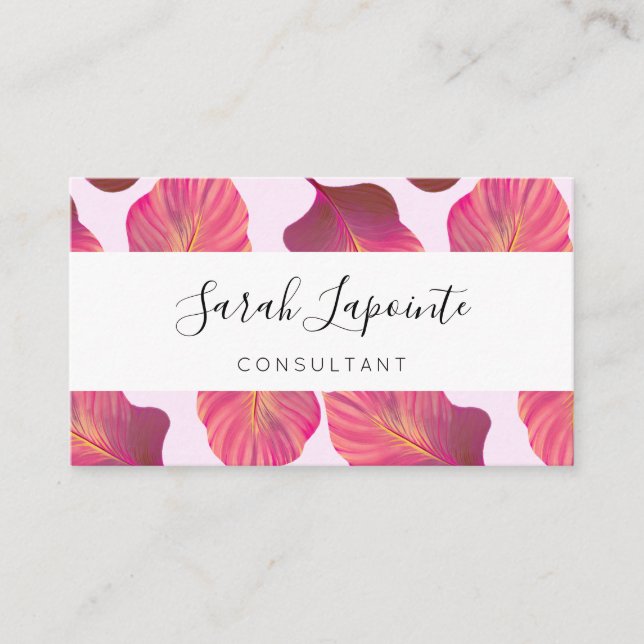 Chic Tropical Leaves in Pink Pattern Business Card (Front)
