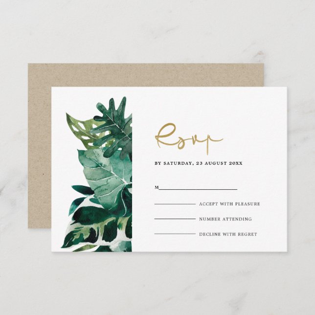 Chic Tropical Monstera Foliage Green Wedding Rsvp  Enclosure Card (Front/Back)