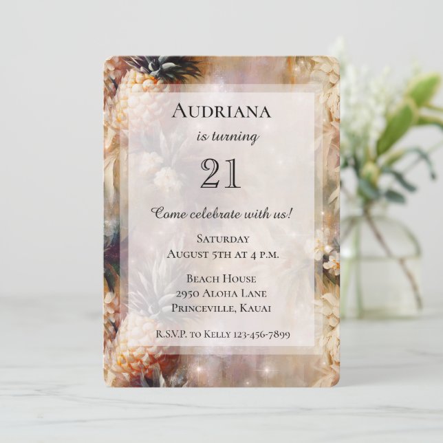 Chic Tropical Pineapples Sparkle Birthday Invitation (Standing Front)