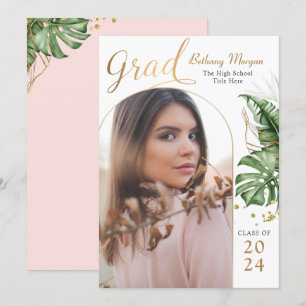 Chic Tropical Pink Gold Arch Photo Graduation Announcement
