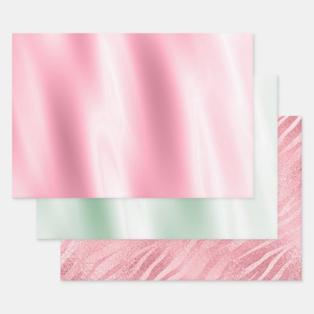 Chic Tropical Pink Mint Green Zebra Wrapping Paper Sheet (Set)