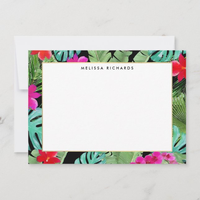 Chic Tropical Print Black Flat Note Card (Front)