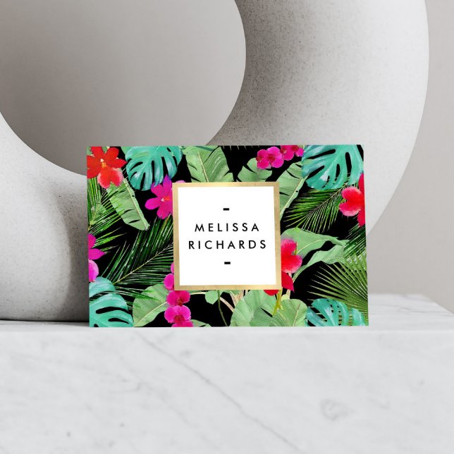 Chic Tropical Print Watercolor Designer Black Business Card (Creator Uploaded)