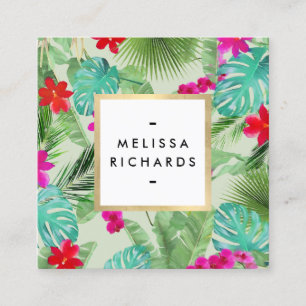 Chic Tropical Print Watercolor Designer Green Square Business Card