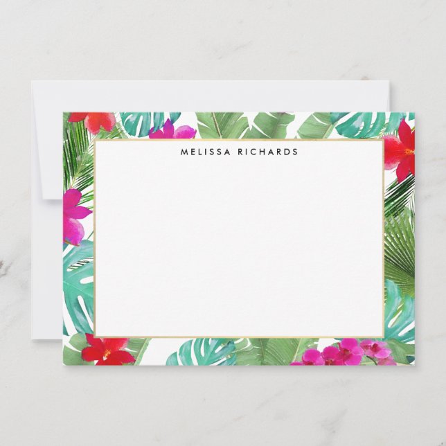 Chic Tropical Print Watercolor Flat Note Card (Front)