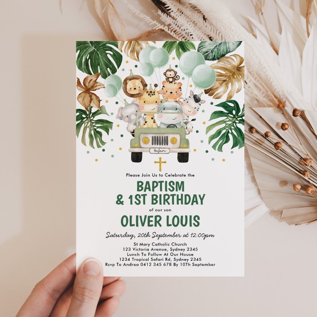 Chic Tropical Safari Jungle Baptism 1st Birthday Invitation (Creator Uploaded)