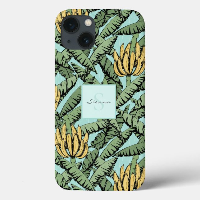 Chic Tropical Turquoise Yellow Banana Leaf Pattern Case-Mate iPhone Case (Back)