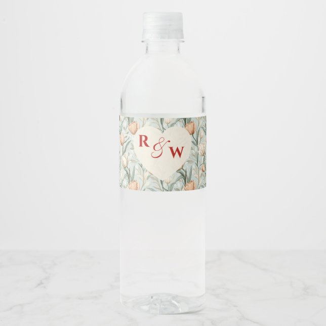 Chic Tulip Flower Lakeside Wedding Water Bottle Label (Front)