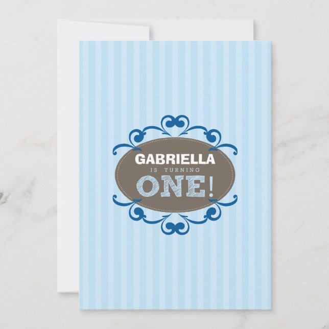 Chic Turning 1 Birthday Party Invitation (blue) (Front)