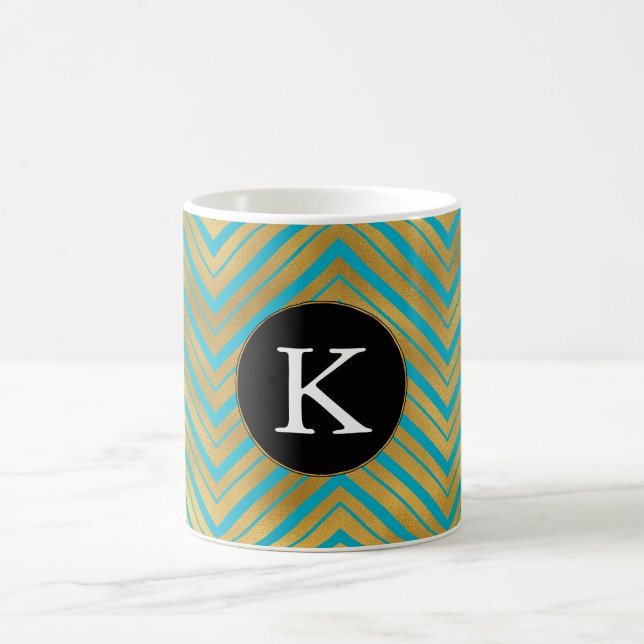 Chic Turquoise Aqua Blue Gold Chevron Monogram Coffee Mug (Center)