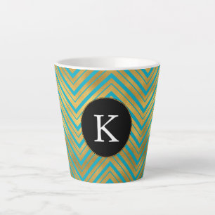 Chic Turquoise Aqua Blue Gold Chevron Monogram Latte Mug