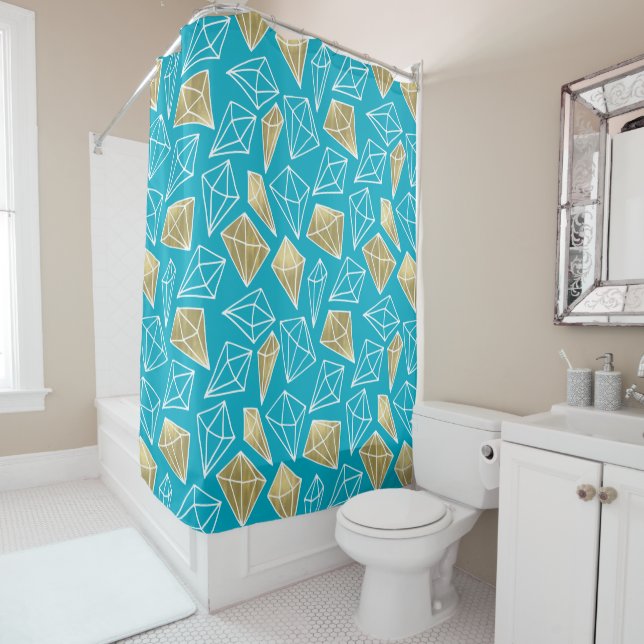 Chic Turquoise Aqua Blue Gold Diamonds   Shower Curtain (In Situ)
