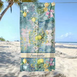 Chic Turquoise Blue Sicilian Citrus Floral Beach Towel