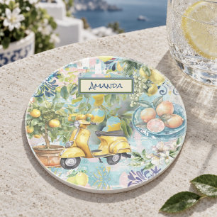 Chic Turquoise Blue Sicilian Citrus Floral Coaster