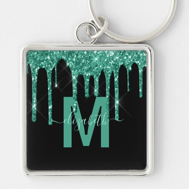 Chic Turquoise Dripping Glitter Monogram Name Key Ring (Front)