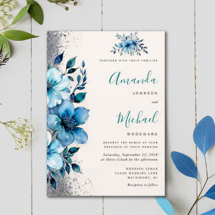 Chic Turquoise Floral Fall Winter Wedding Invitation